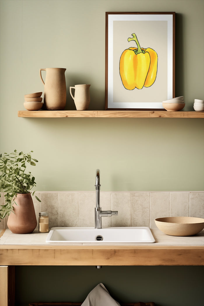 Minimalist yellow bell pepper poster in stylish kitchen interior setting