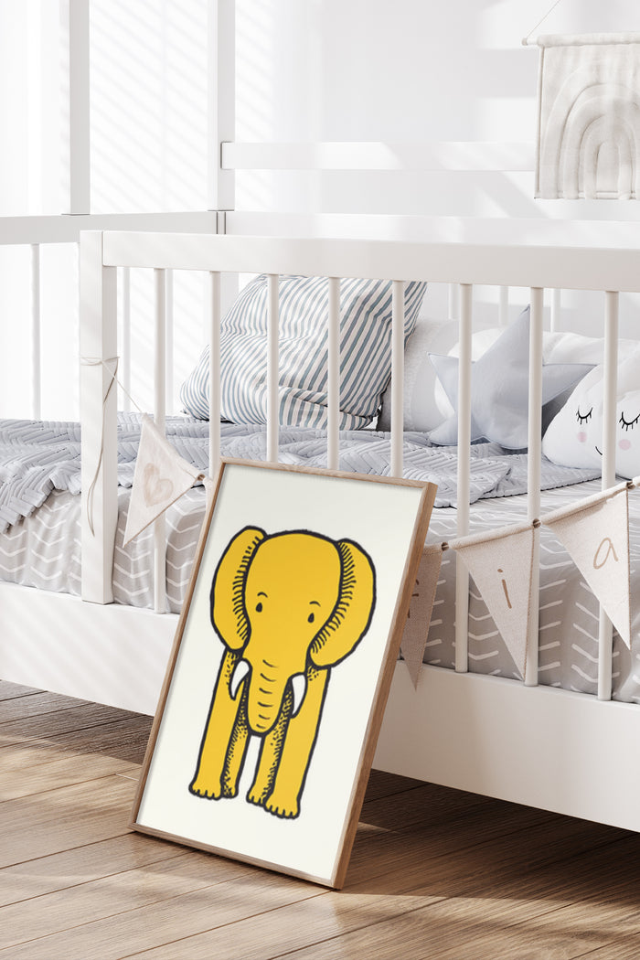 Yellow Cartoon Elephant Nursery Art Poster in Children's Bedroom