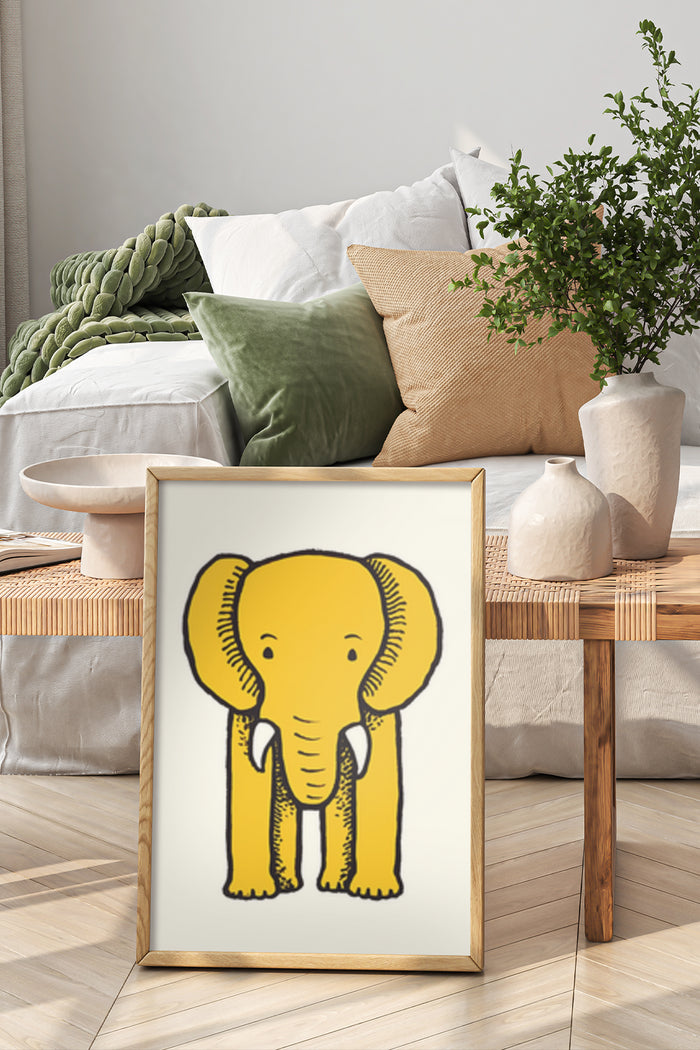 Yellow Elephant Illustration Framed Poster in Modern Bedroom Interior Decor