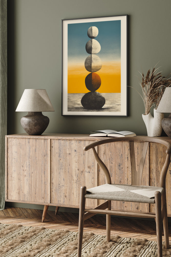 Zen stone balance poster with sunset and seascape in modern home decoration setting
