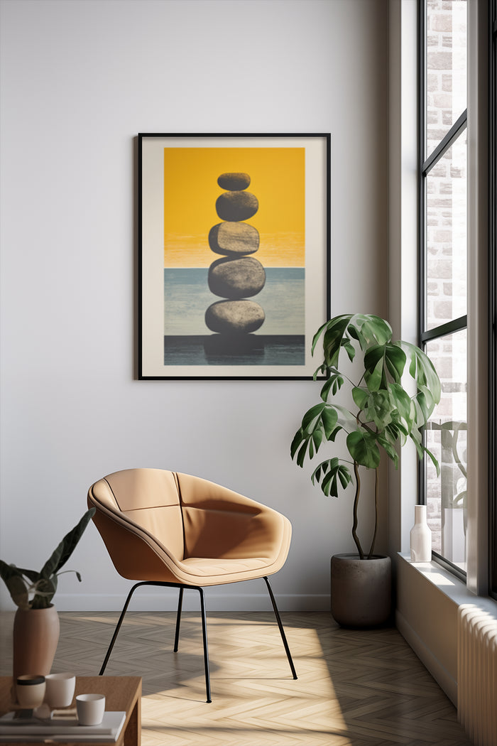 Zen stones balance poster in a stylish modern interior design with a comfortable chair and houseplant
