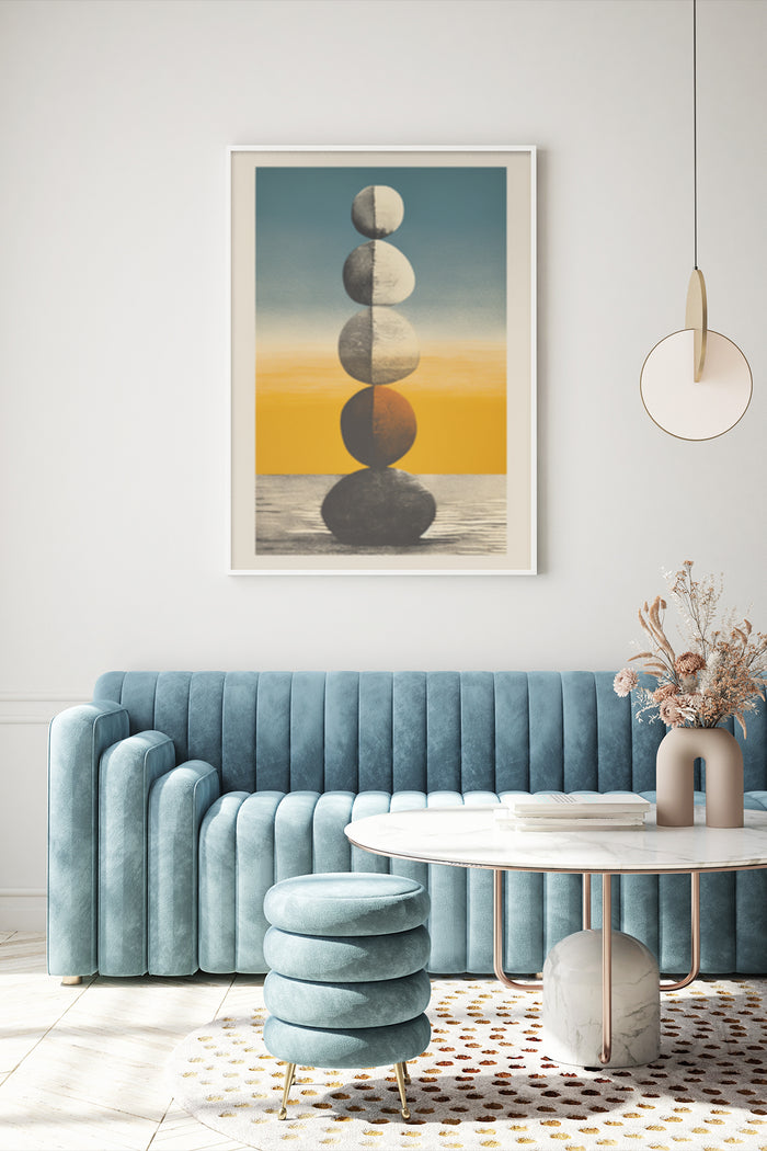 Zen stones balanced poster with a sunset beach backdrop in a modern living room interior